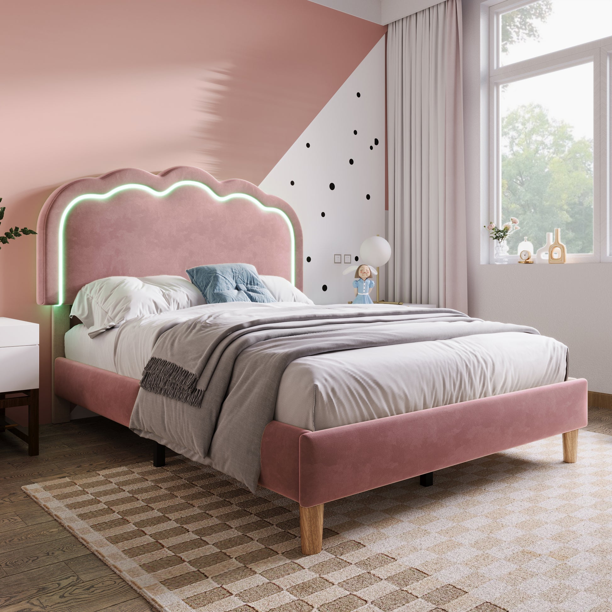 Pink velvet upholstered single bed with LED lighting, wooden slats, adjustable headboard, ideal for teen or guest bedrooms, HOMCOM.
