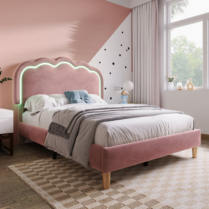 Pink velvet upholstered single bed with LED lighting, wooden slats, adjustable headboard, ideal for teen or guest bedrooms, HOMCOM.