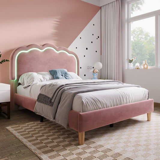Pink velvet upholstered single bed with LED lighting, wooden slats, adjustable headboard, ideal for teen or guest bedrooms, HOMCOM.