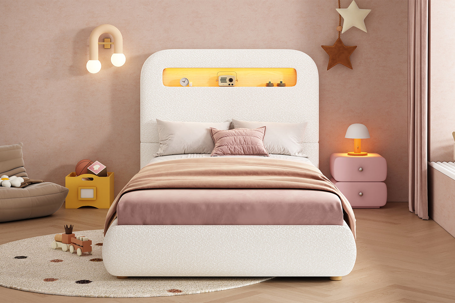 White single upholstered child's bed with headboard, large storage, LED lighting, solid wood legs, and boucle fabric.