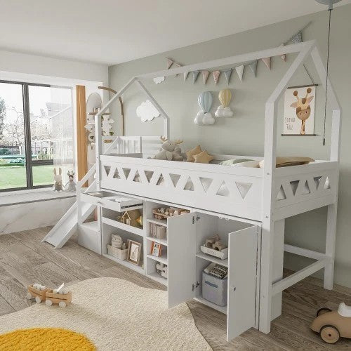 Kids Single Bed with Slide & Stairs – Solid Wood Frame with Storage Drawers