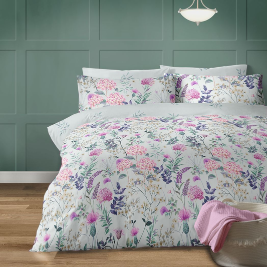 Bellissimo Home super king duvet cover set with duck egg floral polycotton fabric, featuring a soft, elegant floral design.