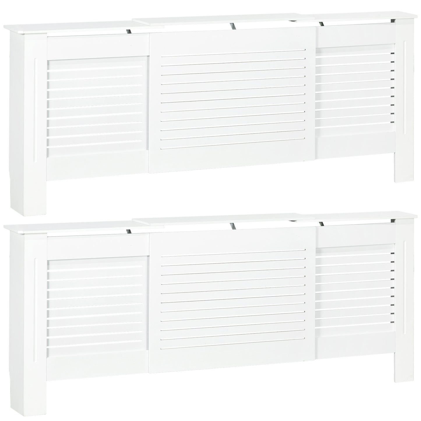 Set of 2 white MDF extendable radiator covers with cabinet shelving, slatted design, ideal for home and office decor.