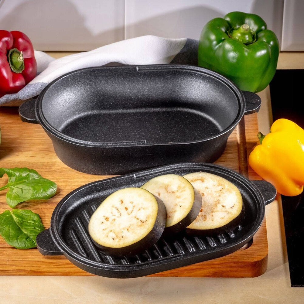 HOMCOM 2-in-1 cast iron Dutch oven and skillet with lid, suitable for camping, stews, frying, and versatile cooking.