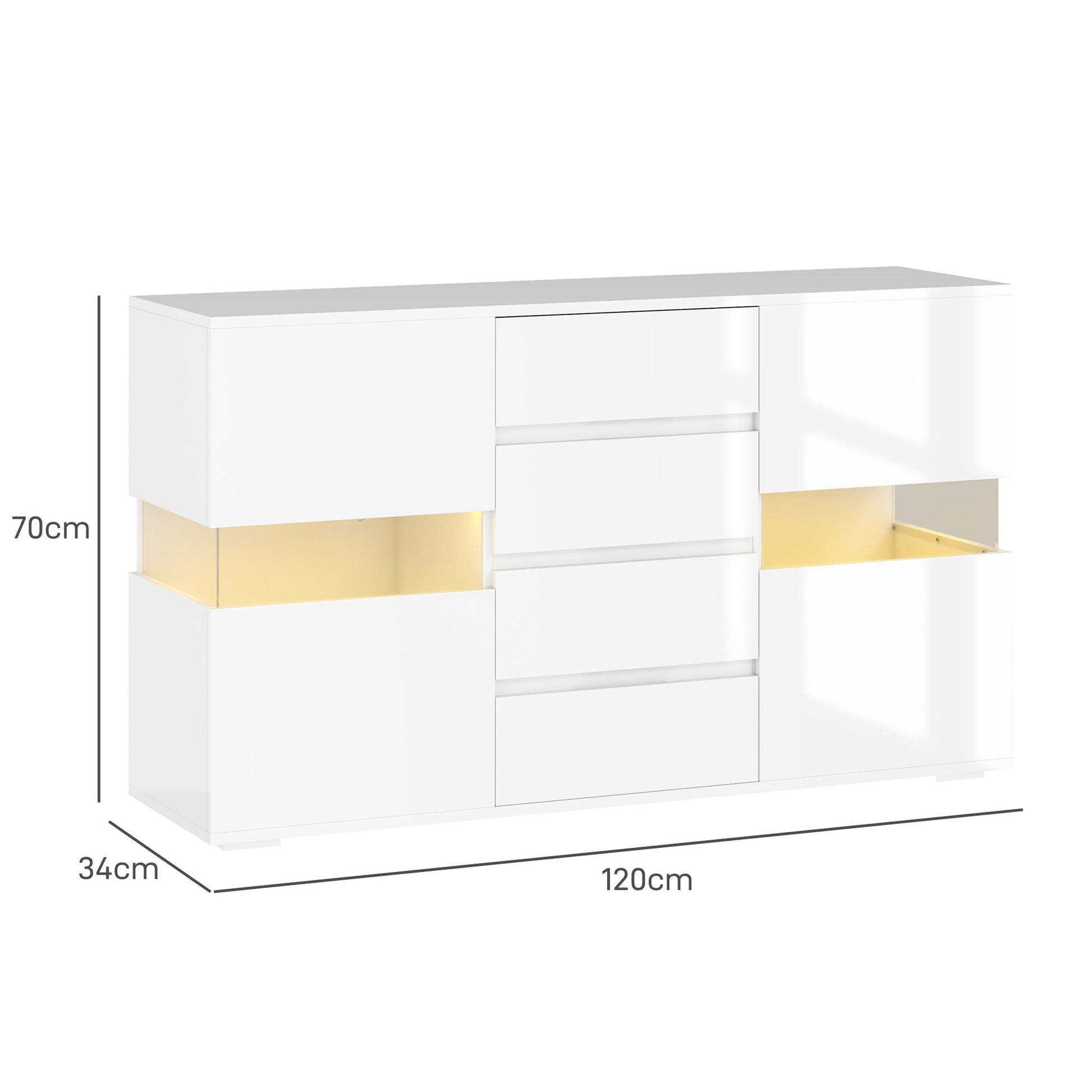 HOMCOM LED light sideboard in high gloss white with modern design, featuring illuminated surfaces and sleek storage compartments.