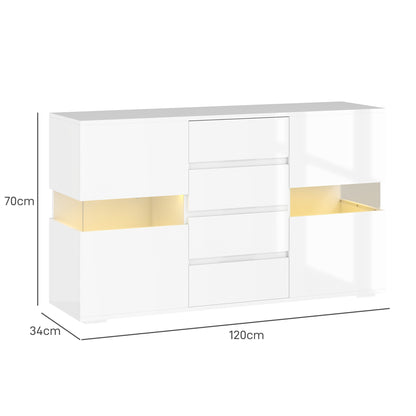 HOMCOM LED light sideboard in high gloss white with modern design, featuring illuminated surfaces and sleek storage compartments.