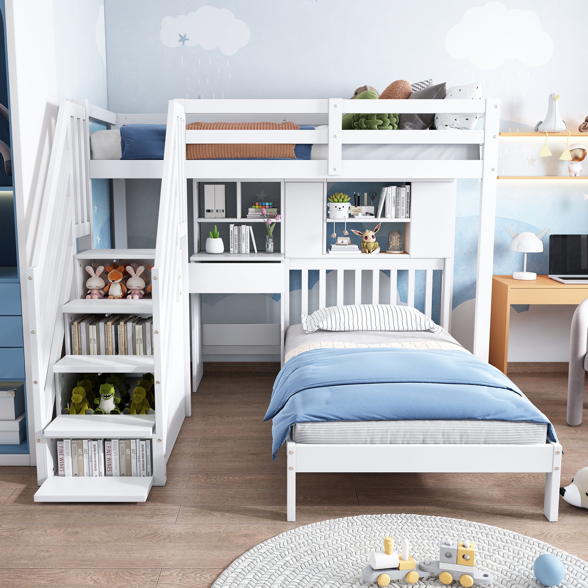 White HOMCOM Wood House Bunk Bed with desk, shelves, storage, slatted frame, double bed, and children's multifunctional design