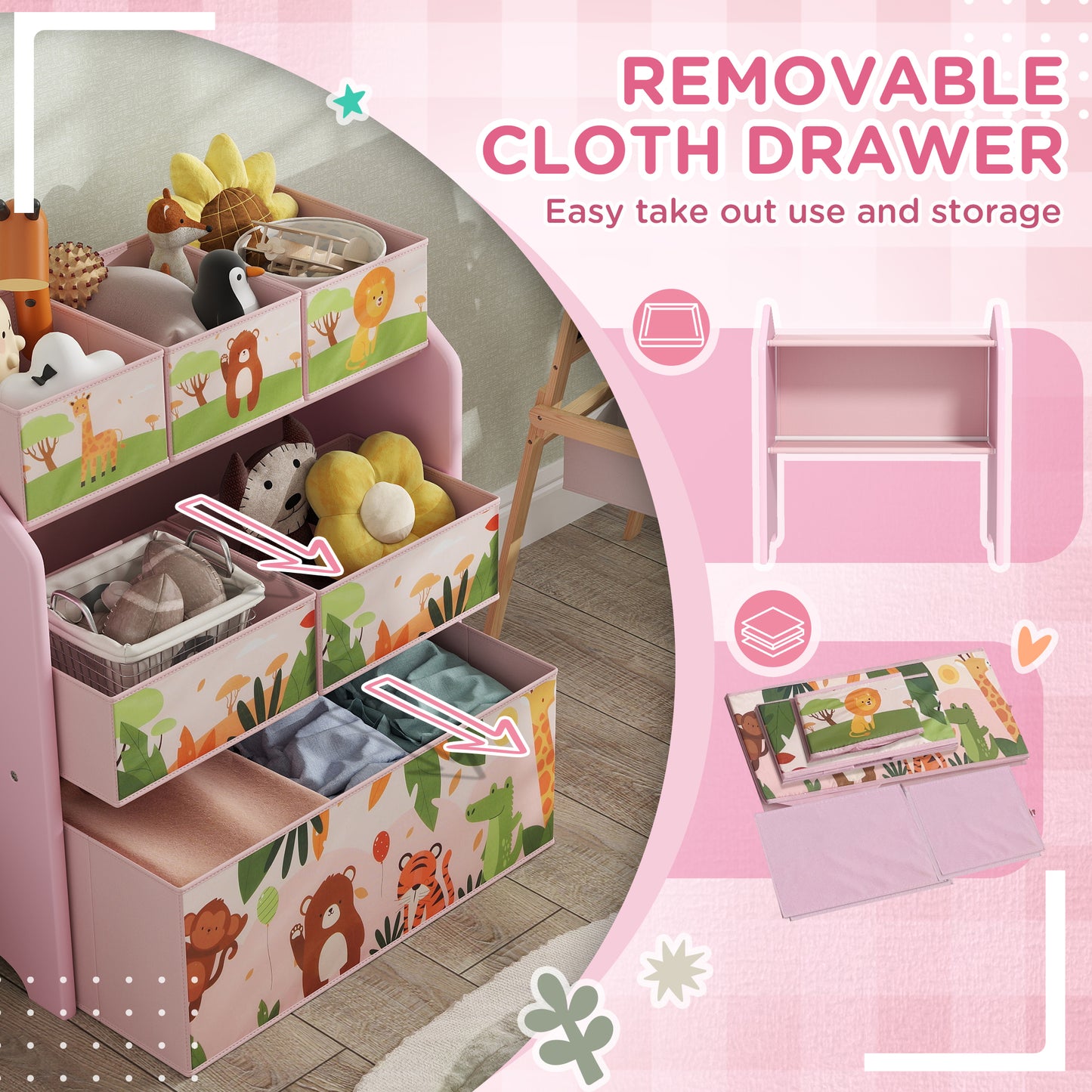 Pink HOMCOM 3-tier kids toy storage unit with six removable boxes, ideal for playroom, bedroom, or nursery organization