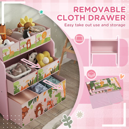 Pink HOMCOM 3-tier kids toy storage unit with six removable boxes, ideal for playroom, bedroom, or nursery organization