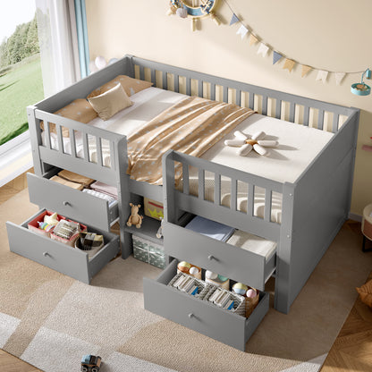Grey low loft bed with built-in storage drawers, guardrail, solid wood frame, space-saving design, ideal for children's bedroom.