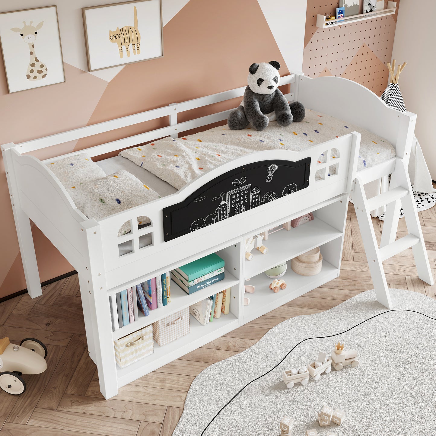 White wooden single storage bed with stairs, blackboard, storage cabinets, made of pine and MDF, includes graffiti-friendly blackboard.