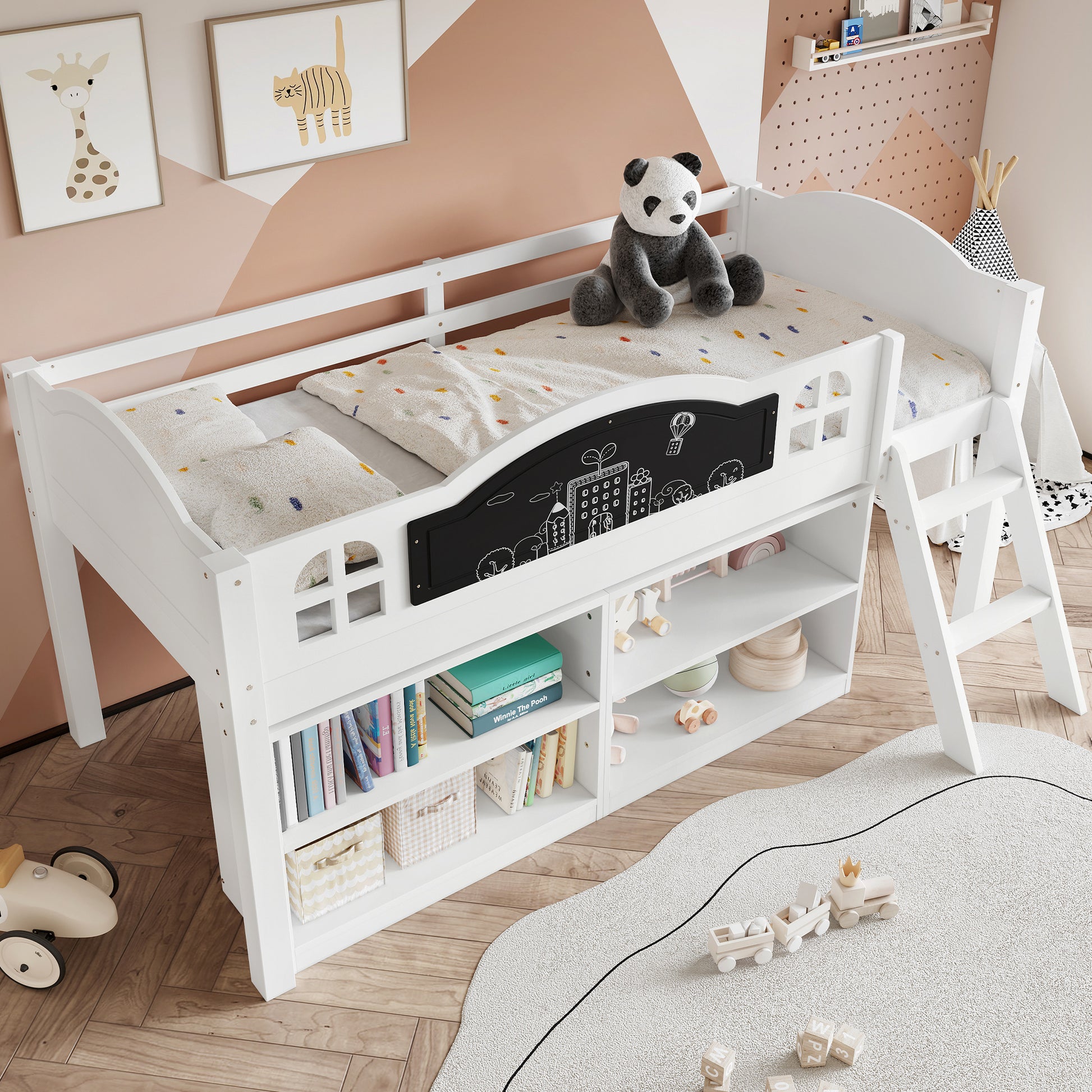 White wooden single storage bed with stairs, blackboard, storage cabinets, made of pine and MDF, includes graffiti-friendly blackboard.