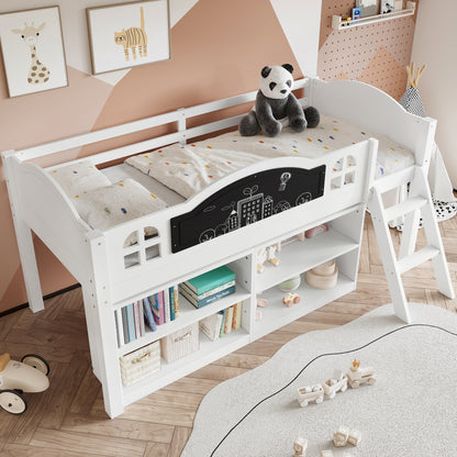 White wooden single storage bed with stairs, blackboard, storage cabinets, made of pine and MDF, includes graffiti-friendly blackboard.