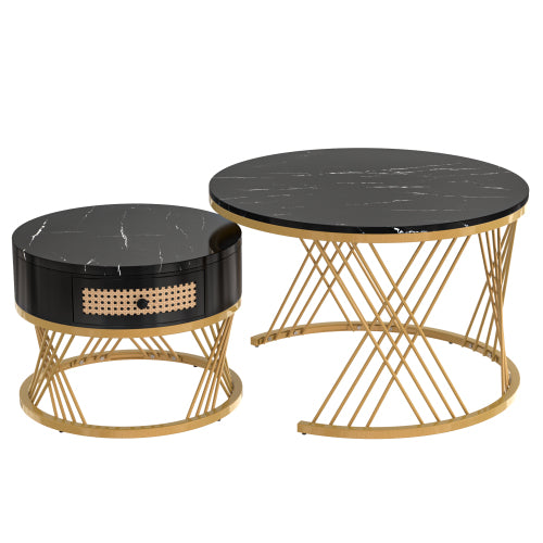 HOMCOM 2-in-1 round coffee table with rattan drawer and marble effect surface, modern living room furniture piece.