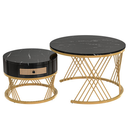 HOMCOM 2-in-1 round coffee table with rattan drawer and marble effect surface, modern living room furniture piece.