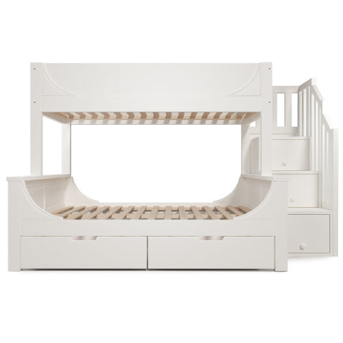 Kids Bunk Bed with Staircase Drawers & Storage – Solid Wood White Frame