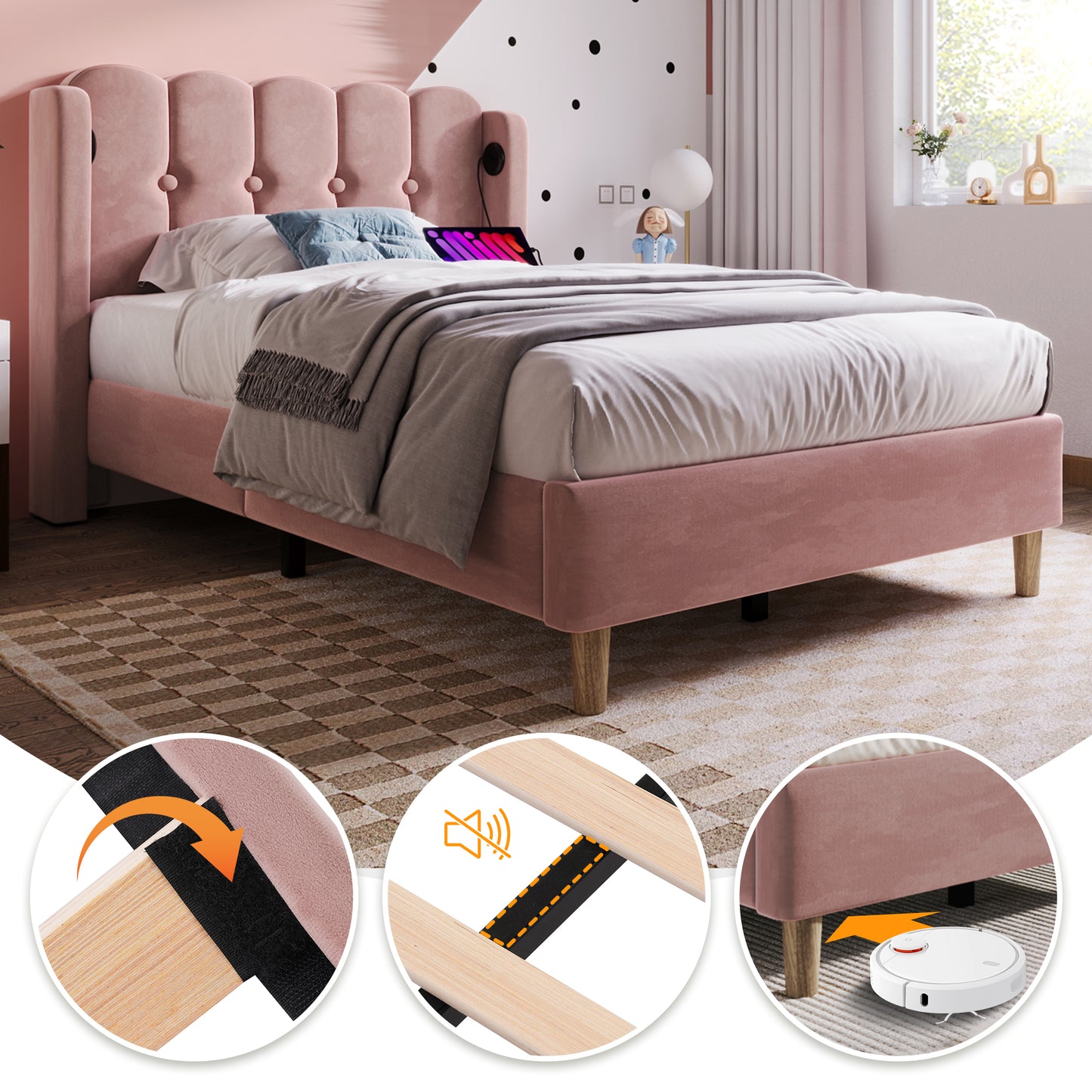 Pink velvet upholstered single bed frame with wooden slats, USB and Type-C charging ports, ideal for bedrooms and guest rooms.