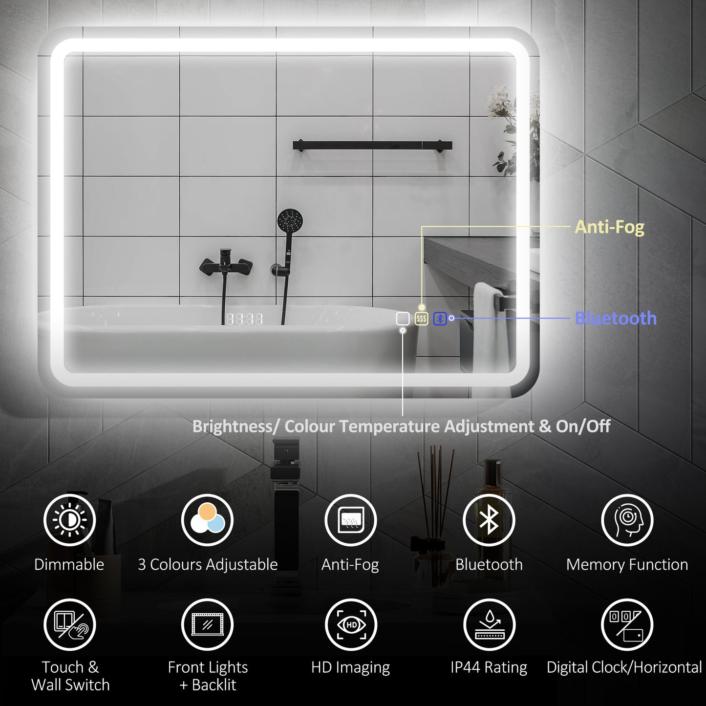 Silver-tone HOMCOM Bluetooth bathroom mirror, 80x60 cm with integrated lighting and sleek modern design.