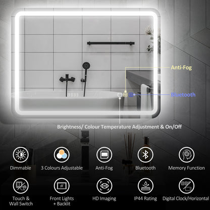Silver-tone HOMCOM Bluetooth bathroom mirror, 80x60 cm with integrated lighting and sleek modern design.