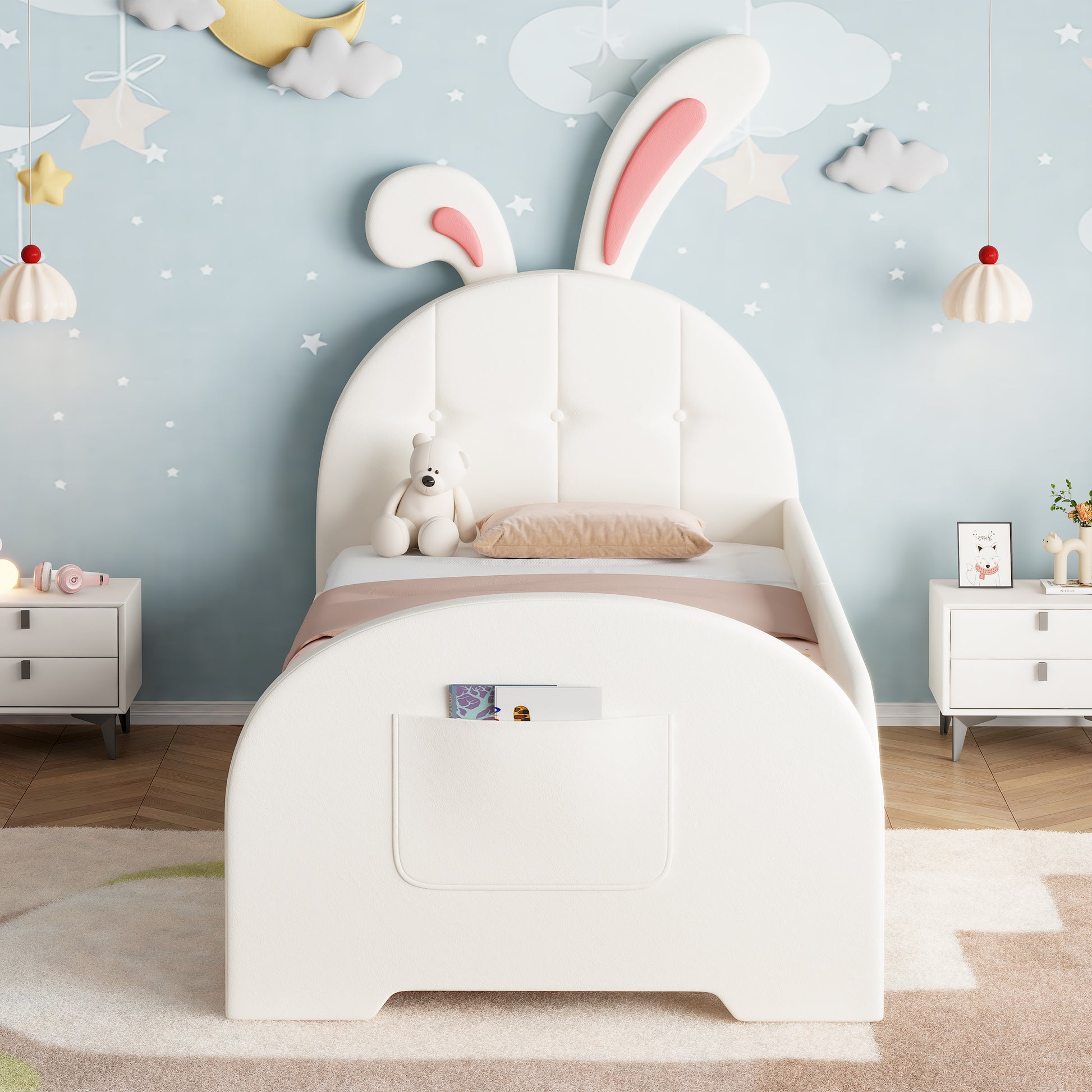 Cream white HOMCOM 3ft single rabbit-shaped upholstered bed frame with bunny ear headboard, storage pocket, soft PU leather, sturdy metal-wood frame.