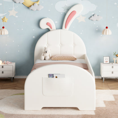 Cream white HOMCOM 3ft single rabbit-shaped upholstered bed frame with bunny ear headboard, storage pocket, soft PU leather, sturdy metal-wood frame.