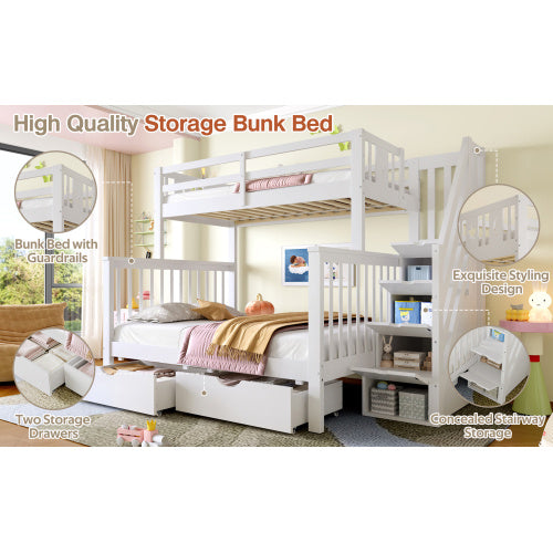 Kids Bunk Bed with Storage Stairs & Guardrail – White High Sleeper Frame