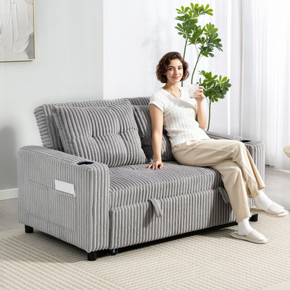 Light grey HOMCOM 2-seater click clack sofa bed with corduroy upholstery, pull-out design, and padded backrest for versatile seating.