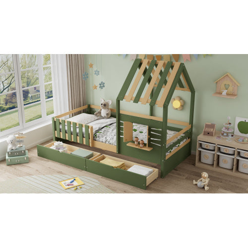 Kids Wooden Bed with Roof & Window Design – Green & Natural with Storage Drawers