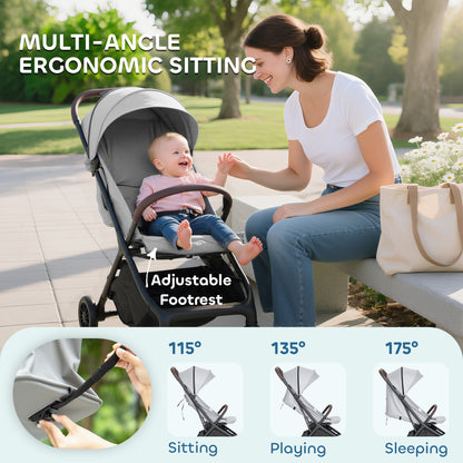 Light grey HOMCOM foldable baby stroller with adjustable seat, 5-point harness, canopy, and storage basket, lightweight and compact.