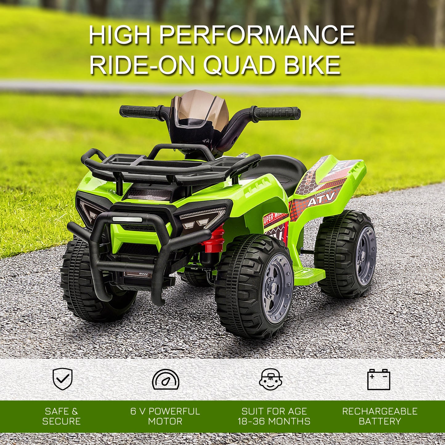 HOMCOM 6V kids electric ride-on car for toddlers, green all-terrain quad bike with music, suitable for 18-36 months.