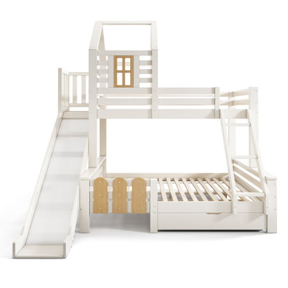 Kids Wooden Cabin Bunk Bed with Ladder & Slide – White Treehouse Design