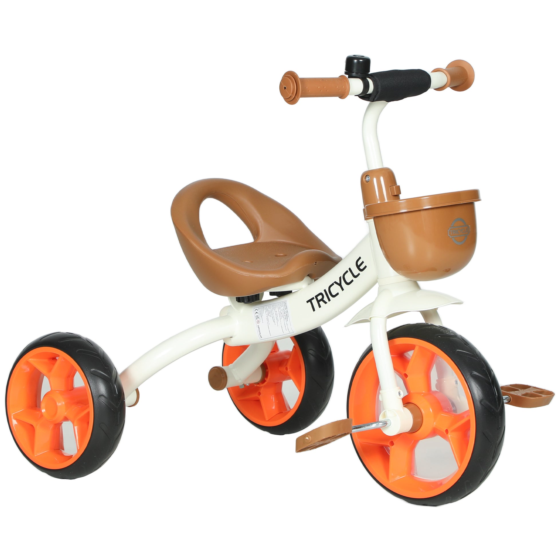 Orange kids trike by HOMCOM with front basket, EVA wheels, suitable for ages 2-5, designed for indoor and outdoor play.