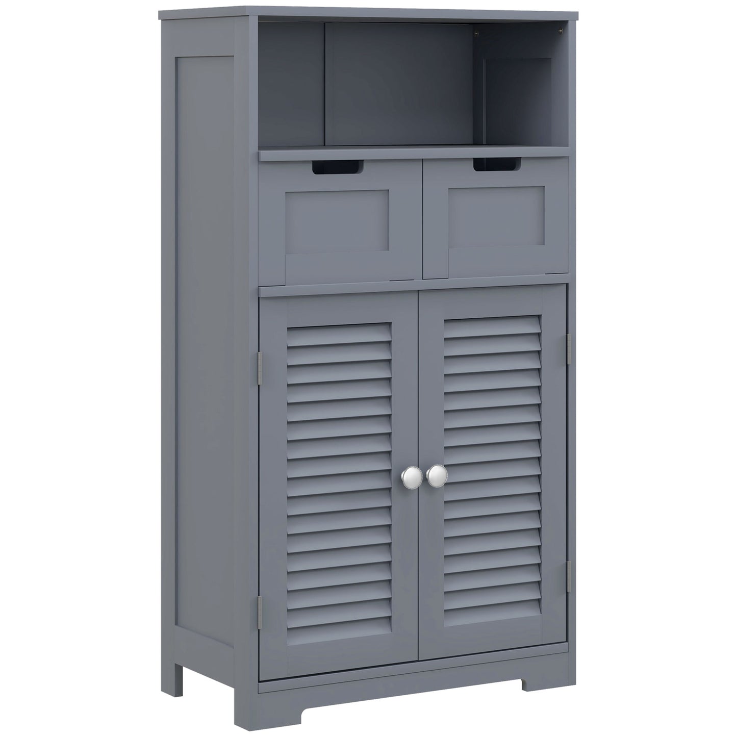 Grey HOMCOM Kleankin three-part bathroom storage unit with shelves, drawers, and a cupboard, shown in a modern bathroom setting.