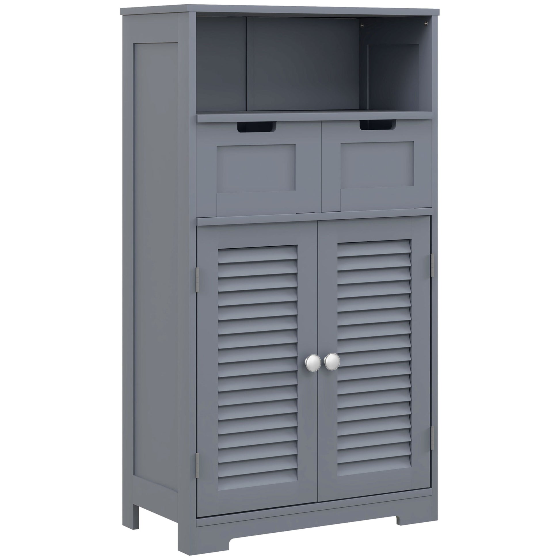 Grey HOMCOM Kleankin three-part bathroom storage unit with shelves, drawers, and a cupboard, shown in a modern bathroom setting.