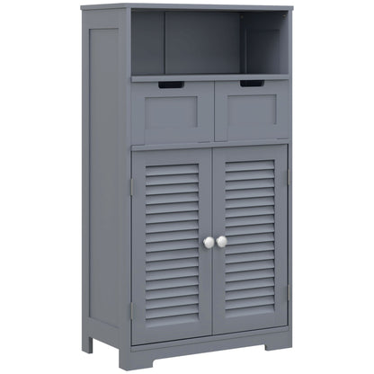 Grey HOMCOM Kleankin three-part bathroom storage unit with shelves, drawers, and a cupboard, shown in a modern bathroom setting.