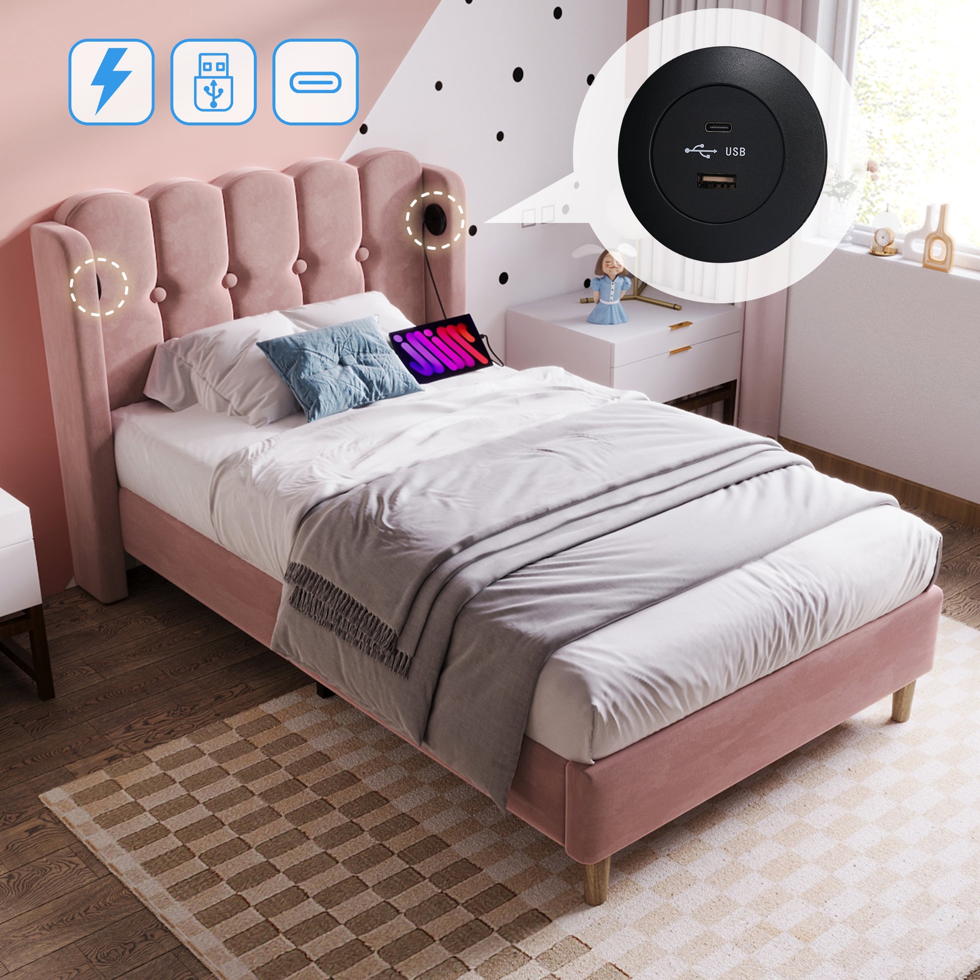 Pink velvet upholstered single bed frame with wooden slats, USB and Type-C charging ports, ideal for bedroom or guest room.