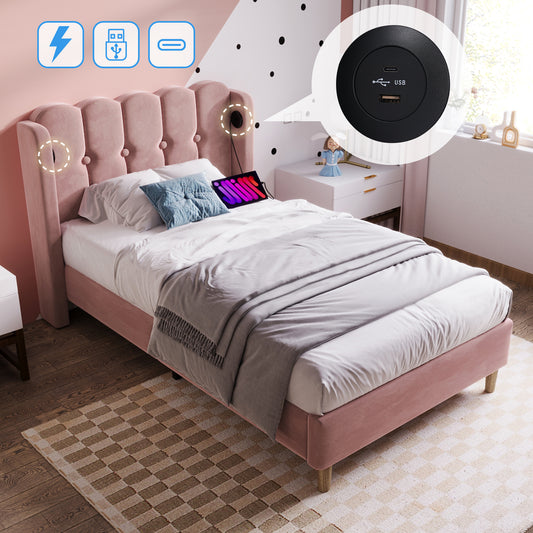 Pink velvet upholstered single bed frame with wooden slats, USB and Type-C charging ports, ideal for bedroom or guest room.