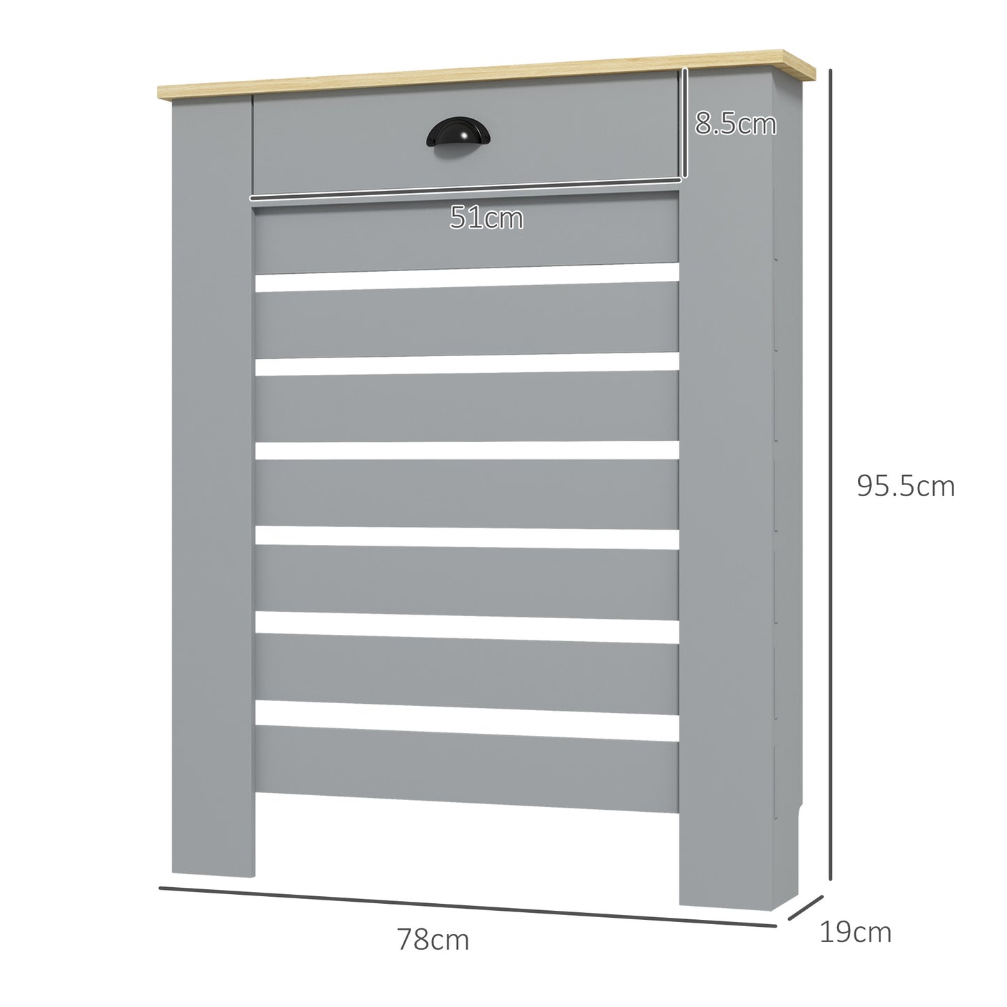 Grey HOMCOM radiator cover with drawer, measuring 95.5H x 78W cm, featuring a sleek design and functional storage drawer.