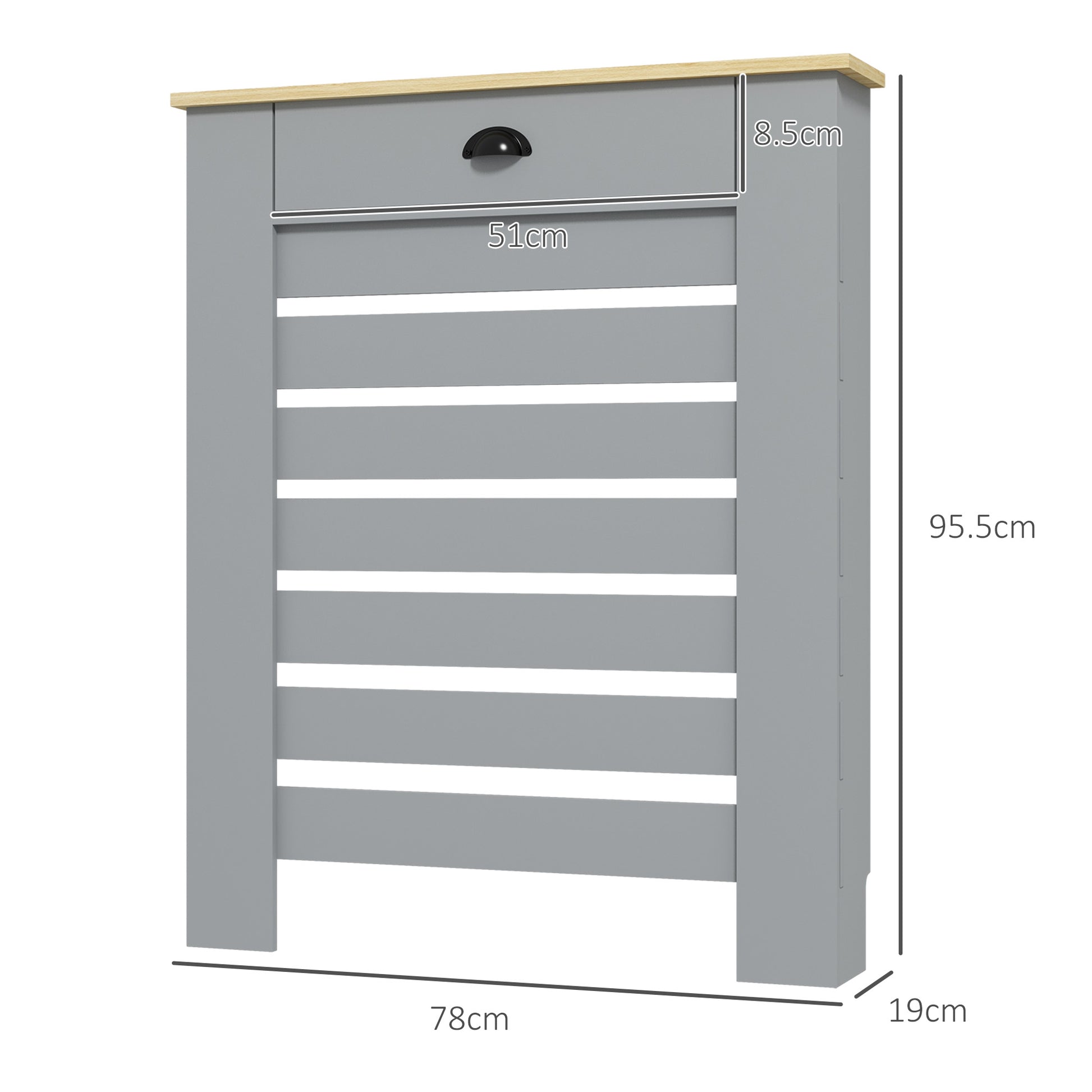 Grey HOMCOM radiator cover with drawer, measuring 95.5H x 78W cm, featuring a sleek design and functional storage drawer.