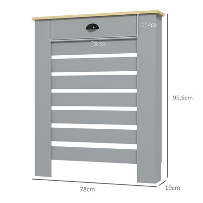 Grey HOMCOM radiator cover with drawer, measuring 95.5H x 78W cm, featuring a sleek design and functional storage drawer.