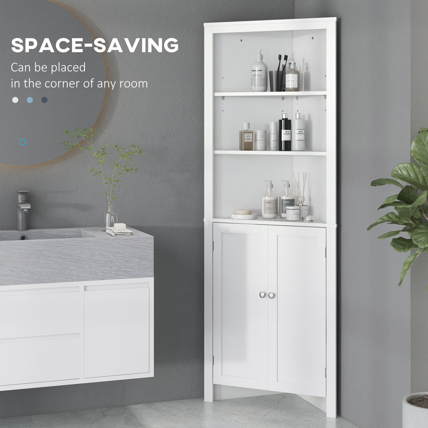 White HOMCOM Kleankin triangle bathroom cabinet with cupboard and three-tier shelves, free-standing corner storage unit.