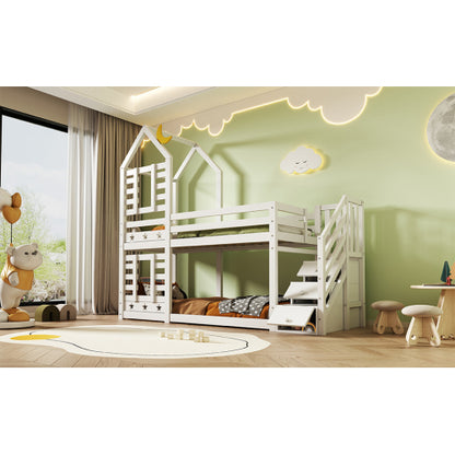 Bunk Bed with Storage for Kids – Cabin-Style Single Bed with Window, Solid Pine Wood, 3FT White