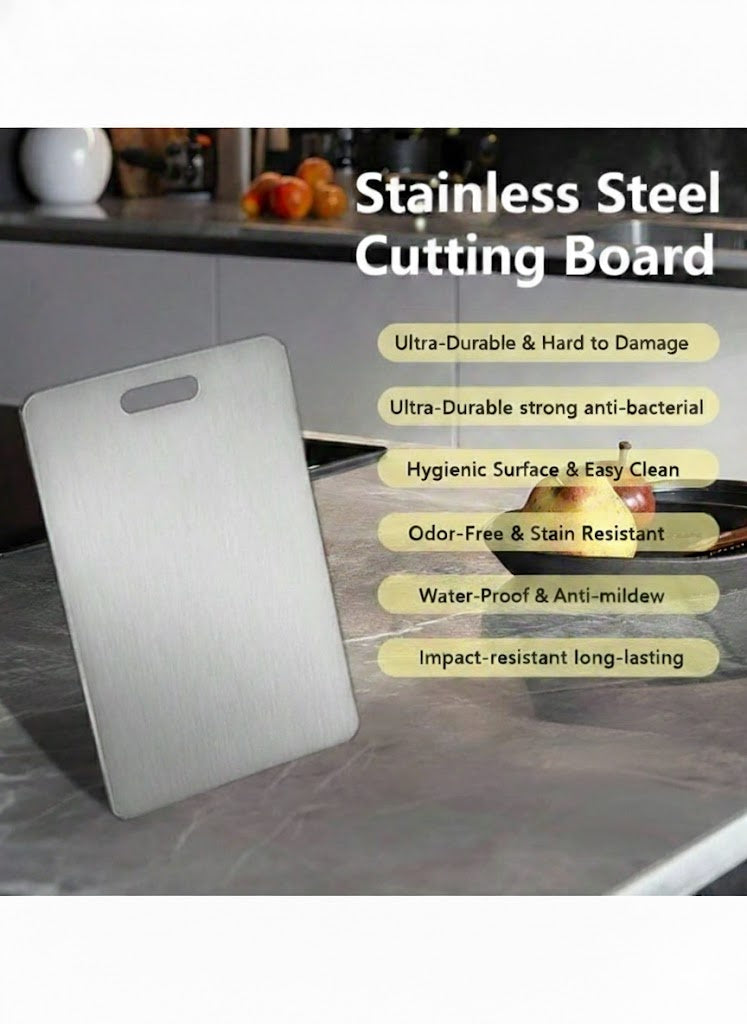HOMCOM premium titanium steel double-sided chopping board with clean surfaces for meat, fruit, and vegetables in various sizes.