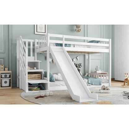 White bunk bed with stairs and slide made of solid pine wood, featuring storage stairs and a 90x190cm children’s bed frame.