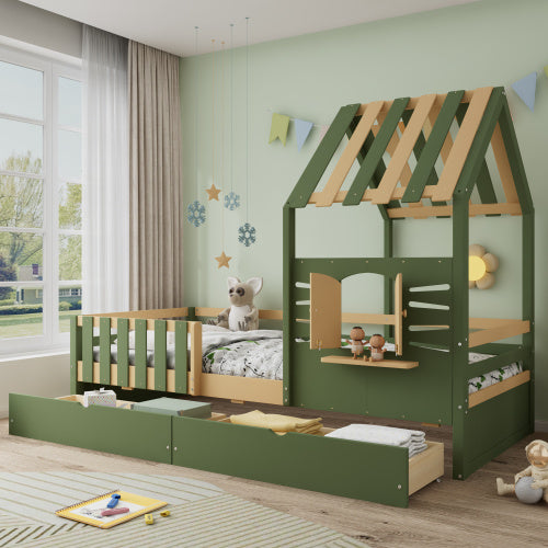 Kids Wooden Bed with Roof & Window Design – Green & Natural with Storage Drawers