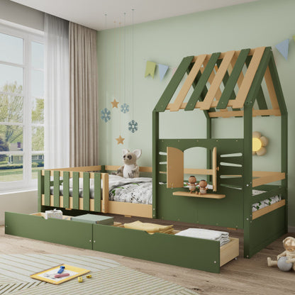 Kids Wooden Bed with Roof & Window Design – Green & Natural with Storage Drawers