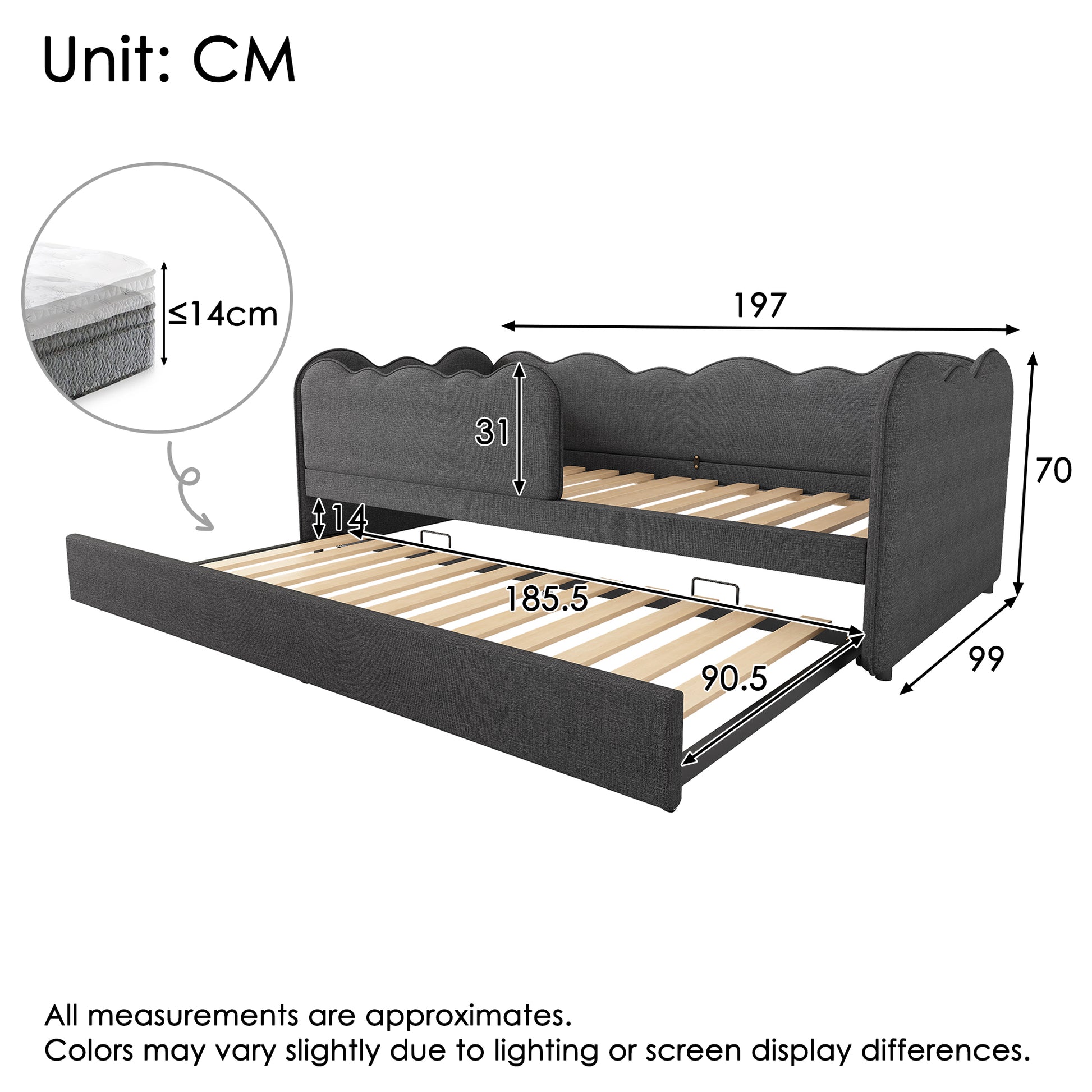 Grey upholstered HOMCOM single bed daybed with pull-out trundle and slatted frame, ideal for adults and children, linen finish.