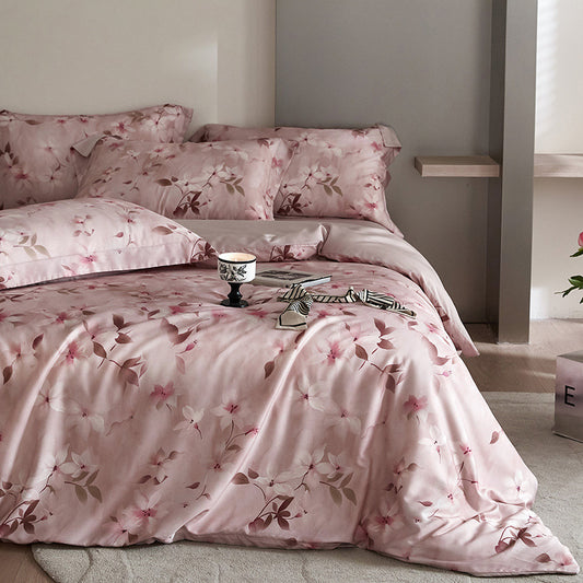 HOMCOM flower Tencel digital printed four-piece bedding set with floral design on soft fabric, includes duvet cover and pillowcases.