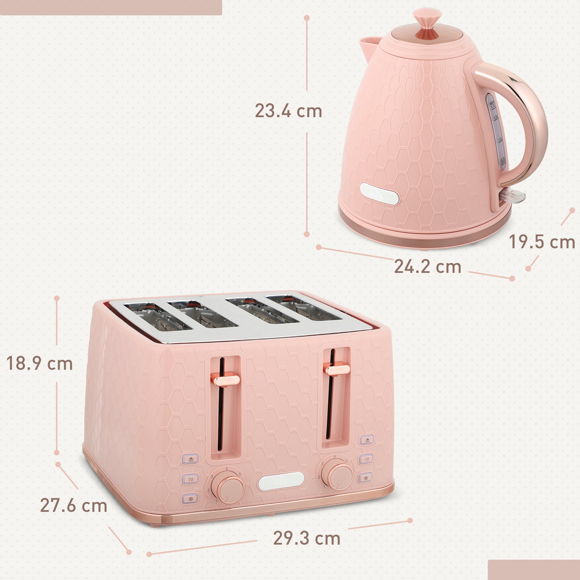 HOMCOM pink kettle and 4-slice toaster set with 7 browning levels, 1.7L capacity, and 3000W fast boil feature, sleek kitchen appliances