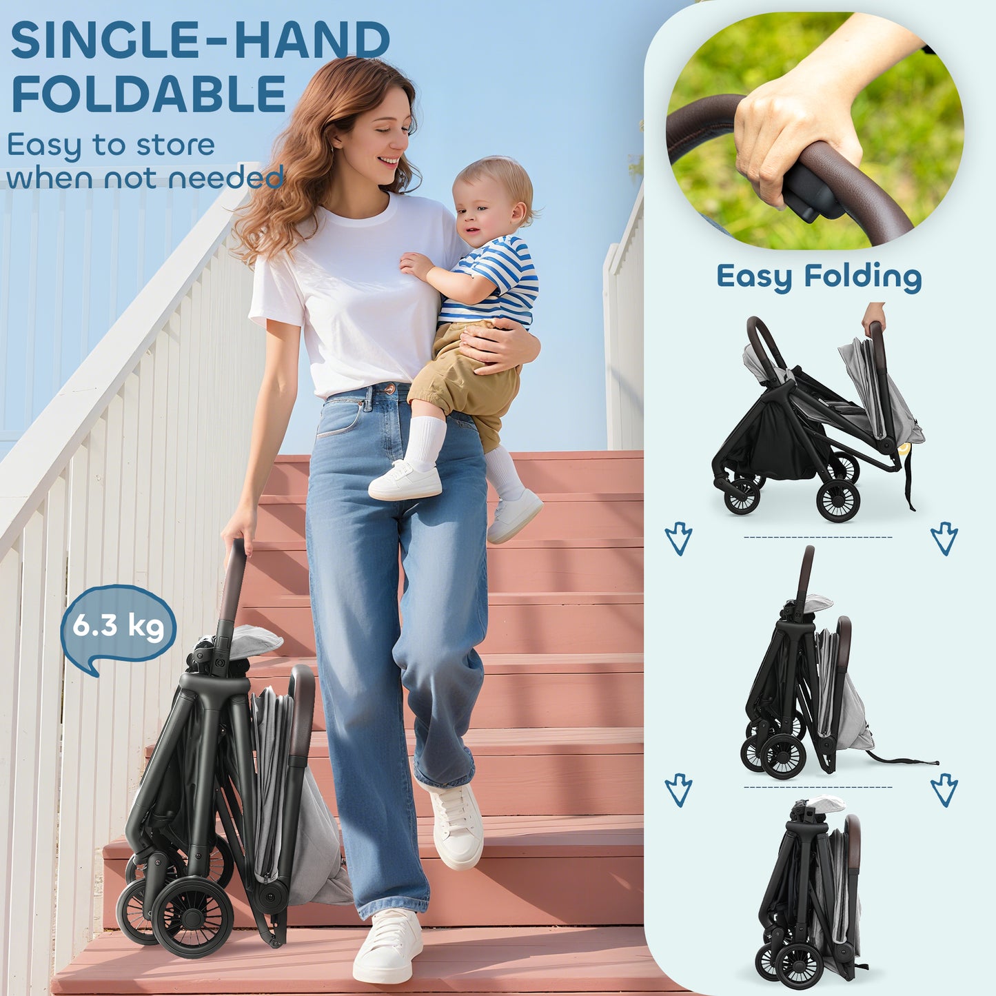 Light grey HOMCOM foldable baby stroller with adjustable seat, canopy, 5-point harness, basket, and lightweight compact design.